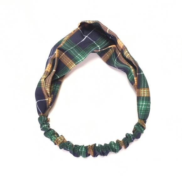 Navy Blue Plaid Print Boho Twist Headband - Picture 5 of 8